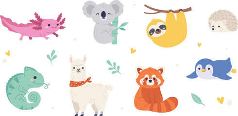 Naklejka premium Cute Exotic Wildlife Vector Character Set with Axolotl Koala Sloth Llama Chameleon Red Panda Penguin and Hedgehog Icons for Kids Nursery Designs