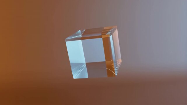 Crystal Cube Floating in a Gradient Background with Reflective Surfaces and Geometric Design Featuring 3d Rendering, Abstract Art, Minimalist