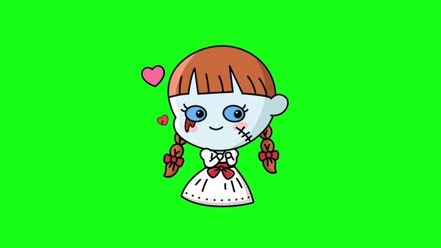 Cute Annabelle doll cartoon animation loop with stitched details and a bleeding eye on a green screen background. Perfect for spooky yet adorable Halloween content