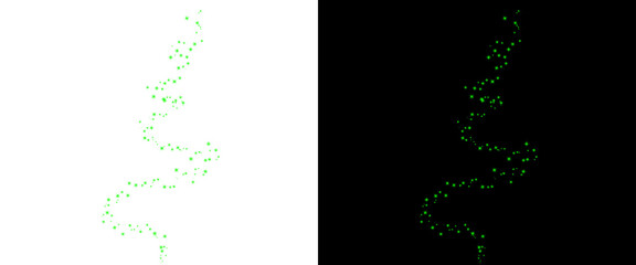Fototapeta premium Green glowing particles in spiral wave formation, abstract light trail on black and white backgrounds, magical energy stream with sparkling dots