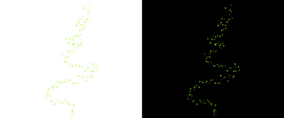 Fototapeta premium Abstract green particle trail on black and white background, glowing magic dust swirl, ethereal light sparks flowing in a spiral motion