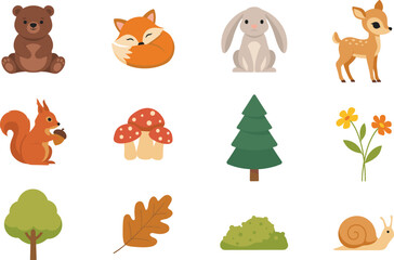 Fototapeta premium Cute Woodland Animals Vector Collection with Bear Fox Rabbit Deer Squirrel Snail Trees Mushrooms and Flowers for Baby Shower Nursery Graphic Designs