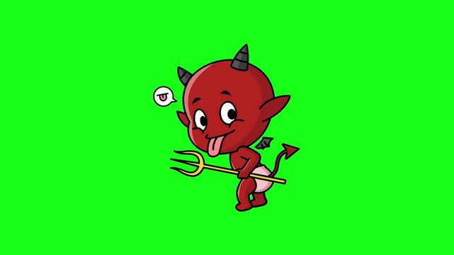 Mischievous little red devil cartoon character sticking out its tongue and holding a trident pitchfork on a green screen background