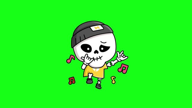  Cool cartoon skeleton wearing a beanie and yellow t-shirt dancing with musical notes on a green screen Energetic and trendy Halloween animation