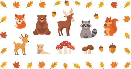 Obraz premium Cute Autumn Woodland Animals Vector Set with Fox Bear Moose Raccoon Squirrel Fawn Otter Mushrooms and Colorful Fall Leaves for Thanksgiving Textile Designs