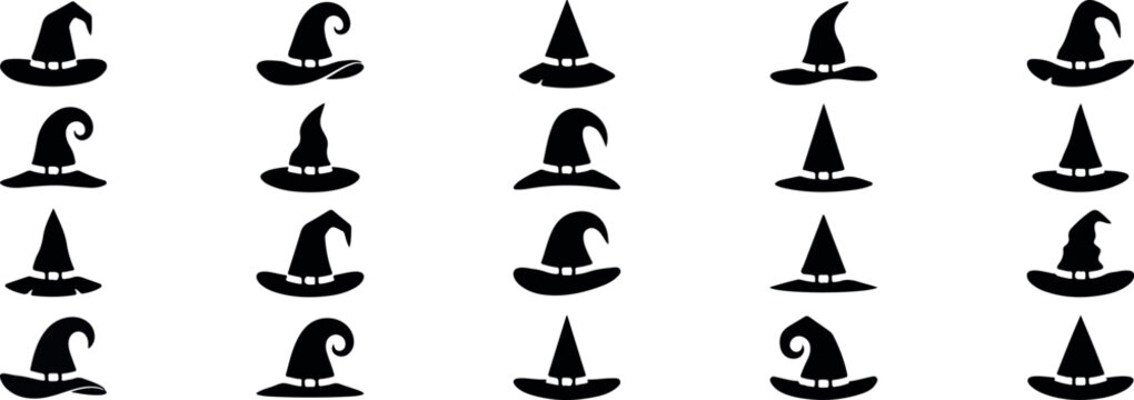 Halloween day witch hats collection black silhouettes for spooky decor