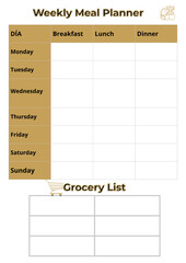 Minimalist weekly meal planner, grocery list, gold line art © MDolores