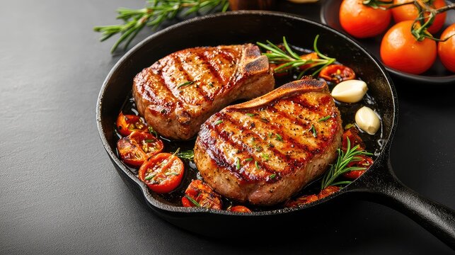 Grilled Pork Chops in Cast Iron Skillet with Tomatoes and Rosemary