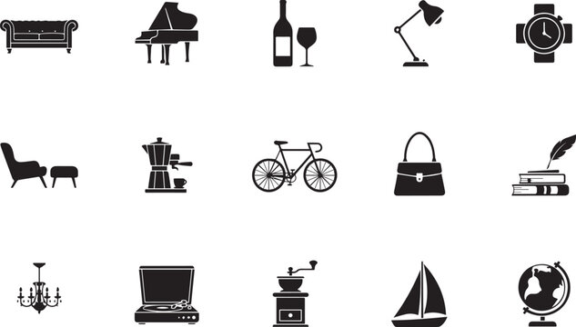 Premium luxury lifestyle silhouette icon collection featuring vintage furniture accessories transportation decor objects isolated editable black vector on white background