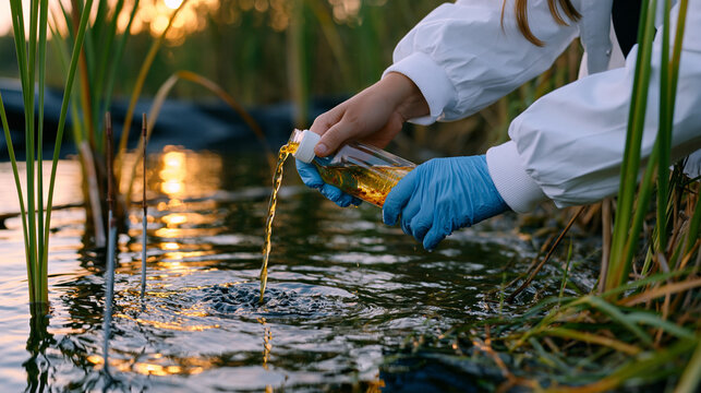 Environmental scientist releasing oil-digesting bacterial consortium into contained wetland mesocosm as part of bioremediation field trial, monitoring probes already inserted, golden hour marsh ligh