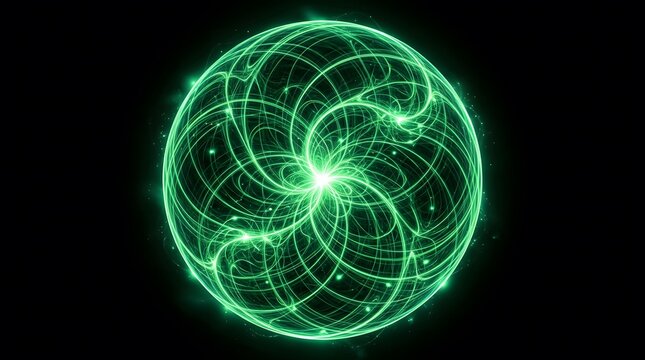 Glowing green energy sphere with swirling lines and sparkles on black background