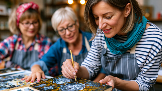 Folk art instructor demonstrating tole painting rose brushstroke technique on a wooden plaque to attentive adult workshop students, craft education, decorative painting tradition, community class se