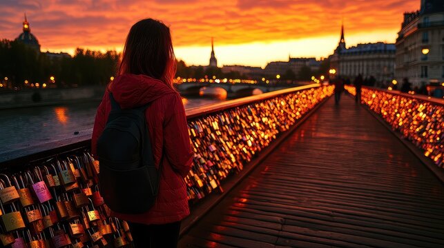 Woman with Backpack Standing on Bridge with Love Locks in Paris at Sunset