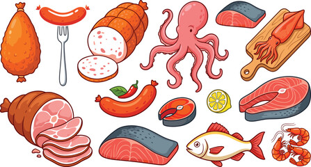 Collection of illustrated meat and seafood items including ham sausages fish shrimp octopus squid salmon fillets lemon and chili © MdFaruk