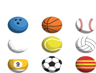 Fototapeta premium Collection of sports balls including basketball soccer baseball tennis golf volleyball bowling billiard and rugby designs