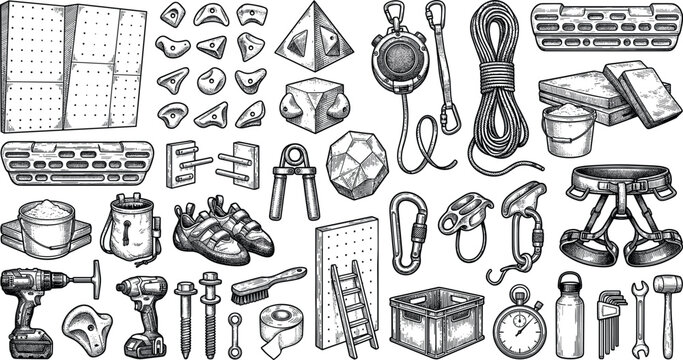 Indoor Rock Climbing Gym and Bouldering Training Equipment Vector Icon Set Featuring Climbing Holds, Hangboards, Route Setting Tools, Chalk Bags, and Pegboards