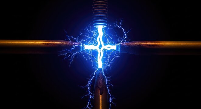 A high-voltage blue electric arc flashes brightly between two industrial metal electrodes in a pitch-black environment, showing raw power, metal, high-voltage, electricity