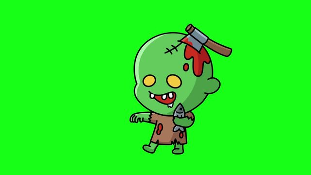 Funny green zombie animation with an axe in its head, walking and holding a fish skeleton snack on a green screen backdrop