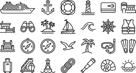 Maritime Travel and Ocean Cruise Line Icon Vector Set Featuring Nautical Outline Symbols Like Cruise Ship Anchor Lighthouse Steering Wheel Compass and Sailboat © Md