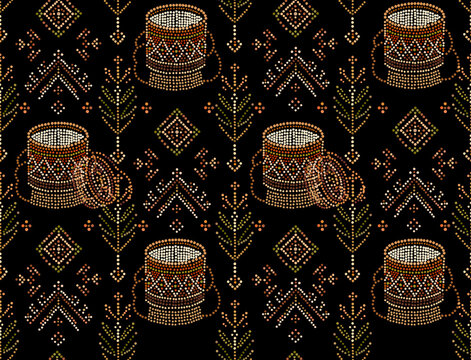 Modern Folk Dot Seamless Pattern with Traditional Khaen Instrument and Geometric Textile Motifs Flat Vector Illustration