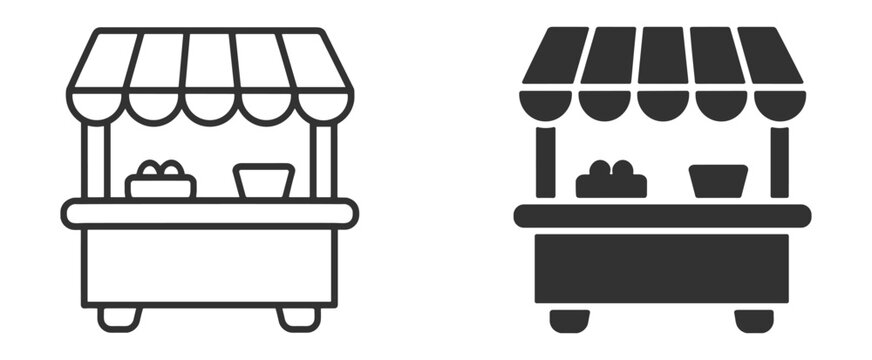 Market stall outline icon with retail shop storefront and vendor booth on transparent background