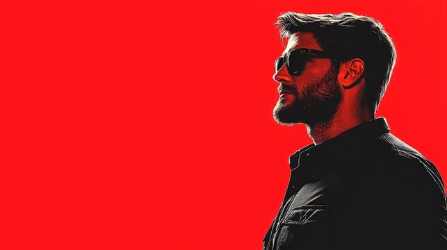 Stylish bearded man in sunglasses on a vibrant red background