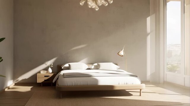 Bedroom with Sunlight Streaming Through the Window and a Modern Design Featuring Minimalist, Interior, Cozy with Relaxing and Morning Elements