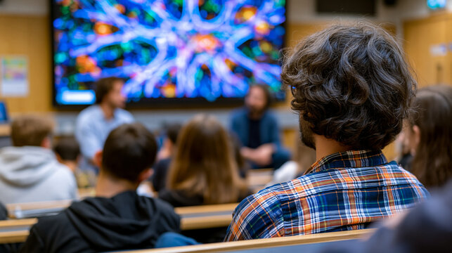 Synthetic biology ethics panel in university seminar room, scientist and philosopher seated across from student audience, projected diagram of engineered organism on screen behind them, engaged deba