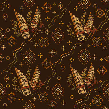 Modern Folk Dot Seamless Pattern with Traditional Khaen Instrument and Geometric Textile Motifs Flat Vector Illustration