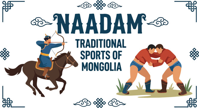Naadam traditional sports of Mongolia banner with horse riding wrestling and archery