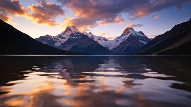 Symmetrical reflection of snow-capped mountain peaks and orange sunset clouds on a calm alpine lake surface, showing a perfect horizontal waterline split in a wilderness landscape.