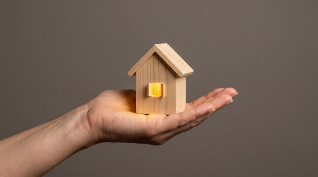 Miniature wooden house on open hand in minimalist studio style, warm brown and natural wood colors, representing property investment or mortgage application with copy space
