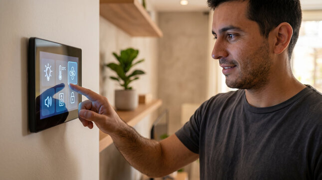 Young man touching wall console pleased adjusting smart home automation settings against modern cozy apartment background