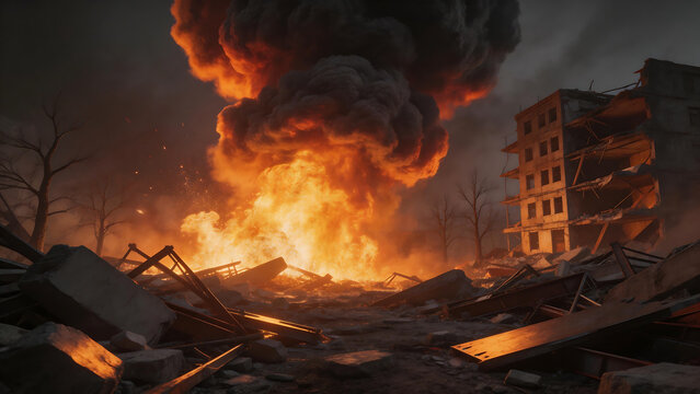 Destruction aftermath with fire and smoke
