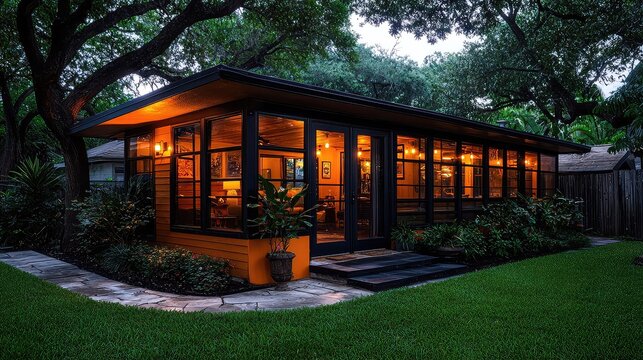 Cozy Modern Garden Studio Cabin at Night with Warm Interior Lighting