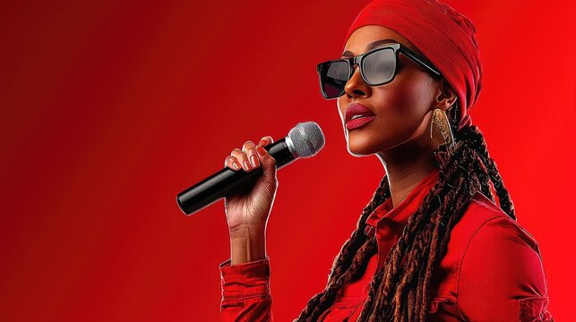 Stylish Black Woman Singing with Microphone