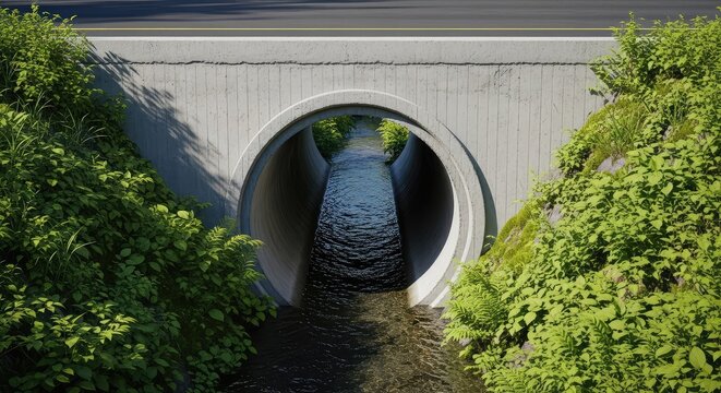 A sturdy round concrete culvert pipe channels a steady stream of flowing water beneath a paved asphalt roadway surrounded by lush foliage, concrete, surface, road
