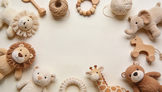 Flatlay Frame Border of Montessori Baby Toys Plush Lion Giraffe Bear Elephant Wooden Animals and Natural Yarn on Beige Background with Copy Space