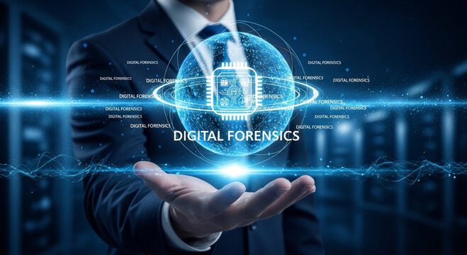 Digital forensics concept with glowing globe and microchip hologram held by businessman.