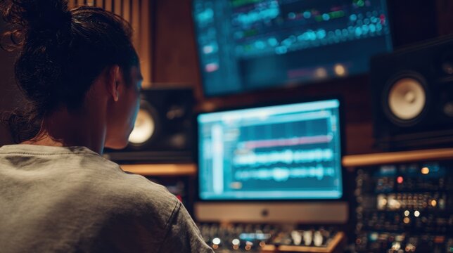 Learner focused on digital audio workstation screen with blurred background of studio equipment during beatmaking session in music production lab.