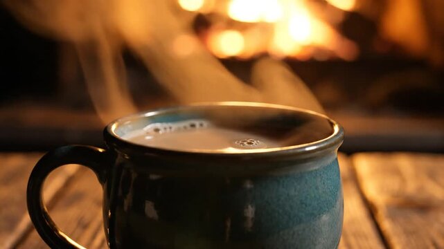 Close-up of a blue ceramic mug filled with hot coffee and milk, steam rising from the surface. A glowing fireplace provides warm bokeh light in the blurred background on a rustic table.