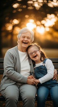 Joyful Caucasian Grandmother and Young Girl Both with Down Syndrome Laughing Together on Park Bench at Warm Golden Hour Sunset Light