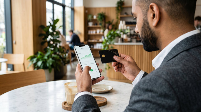Bearded businessman focused executing mobile trade with credit card and smartphone against modern cafe interior background