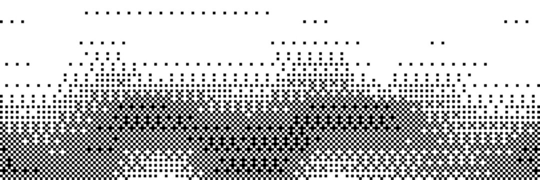 Bitmap dither pixel with wave gradient effect. Black and white bit texture background&mdash;abstract halftone 8-bit computer retro Y2K screen wallpaper&mdash;wide pixel art digital vintage vector illustration.