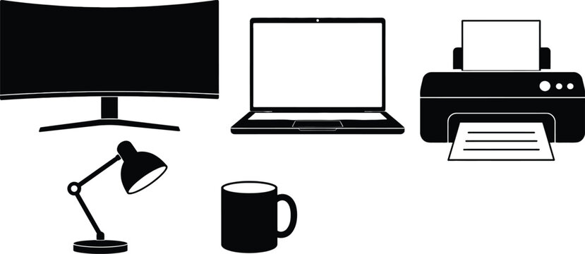 Office Equipment Silhouettes On White Background computer