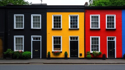 Obraz premium Vibrant Colorful Row Houses Facades in Black Yellow Red Blue on Street