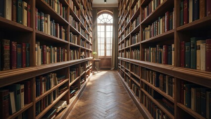 Fototapeta premium Cozy library with wooden bookshelves and natural light