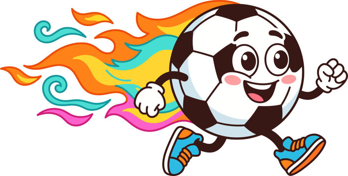 Cute Football Mascot Character Running Fast with Fire Trail