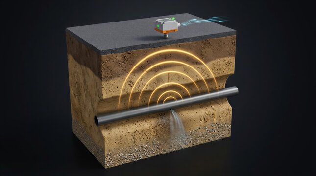 Ground sensor detecting an underground water pipe leak using sonar acoustic waves cross section.