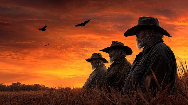 Three Cowboys in Silhouettes at Sunset with Flying Eagles
